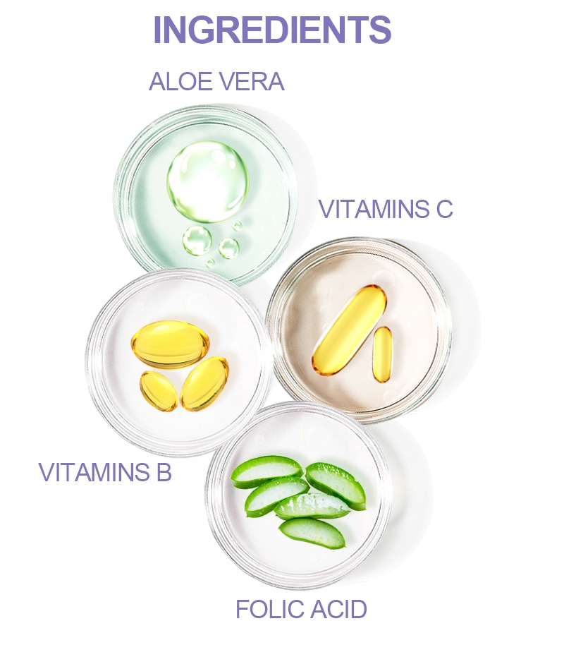 Ingredients-Aloe Vera, Vitamins B, C and Folic Acid.